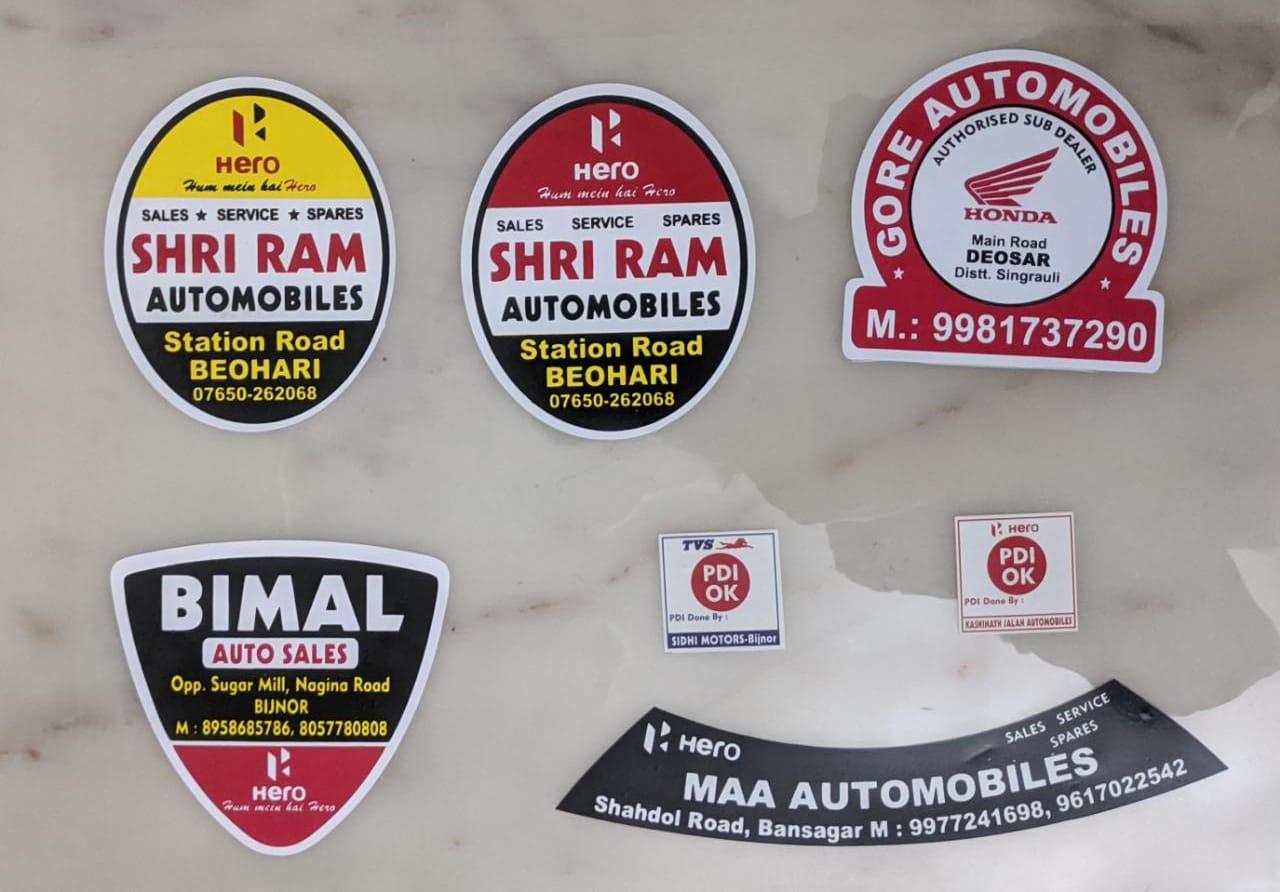 Dealer identity stickers — Shri Ram, Gore, Bimal, Maa Automobiles