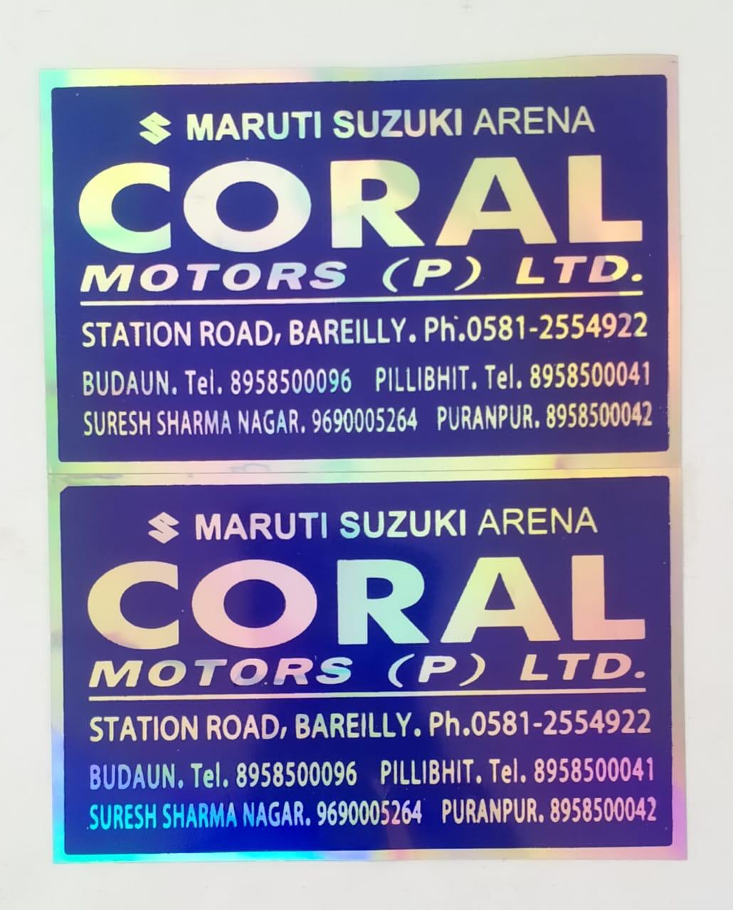 Holographic dealer identity stickers — Coral Motors Maruti Suzuki Arena, Bareilly